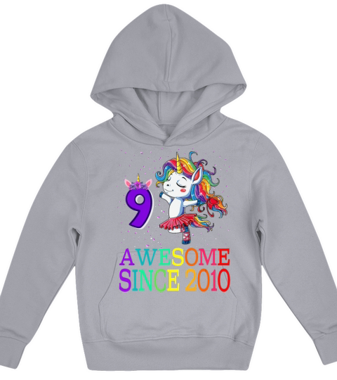 9th Birthday Gift Unicorn Awesome Since 2010 Kids Hoodie
