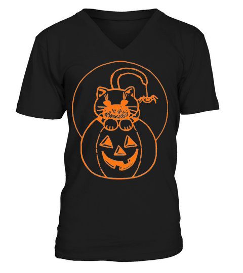 Halloween funny pumpkin face with cute cat meoween Men's V-Neck T-shirt