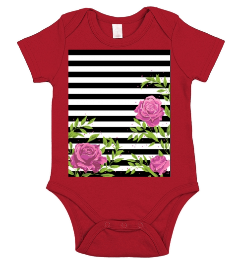 black and white stripes with pink roses Short Sleeve Baby One-Piece