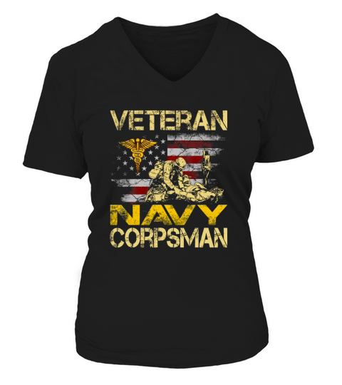 Proud Veteran Navy Corpsman Flag Vintage 4th of July V-neck T-Shirt Woman