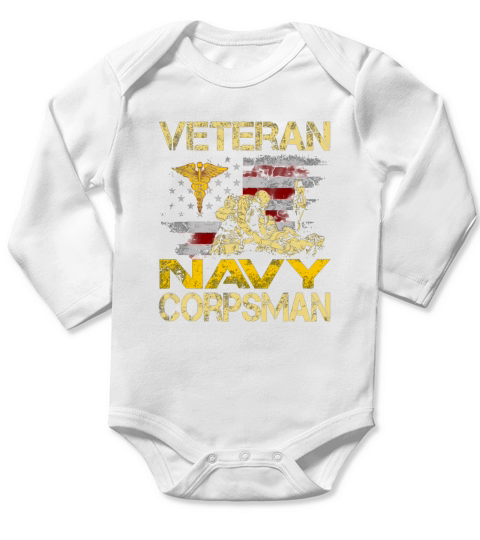Proud Veteran Navy Corpsman Flag Vintage 4th of July Long Sleeve Baby One-Piece