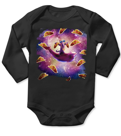 Thug Space Cat On Dolphin Unicorn - Taco Shirt Long Sleeve Baby One-Piece