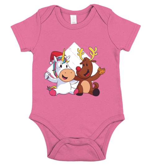 Unicorn and reindeer christmas couple lovely xmas Short Sleeve Baby One-Piece