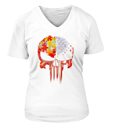 Autism Awareness America Flag skull V-neck T-Shirt Woman