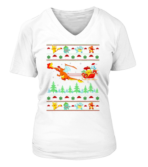 Pokemon and Dinosaur Santa Hat christmas V-neck T-Shirt Woman