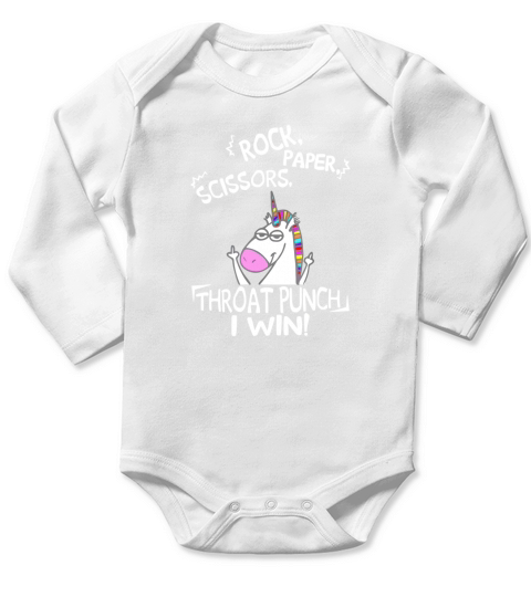 Rock paper scissors throat punch I win unicorn Long Sleeve Baby One-Piece