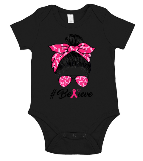 Breast Cancer Awareness Messy Bun Warrior Believe Short Sleeve Baby One-Piece