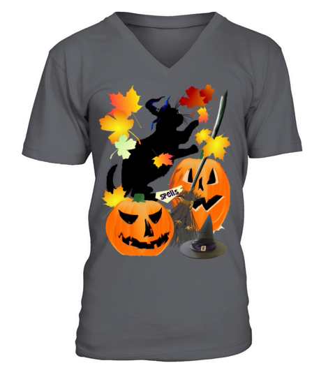 Halloween Black Kitty Batting Pretty Leaves Men's V-Neck T-shirt