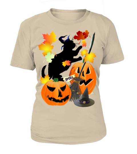 Halloween Black Kitty Batting Pretty Leaves Women's T-Shirt