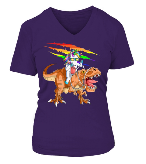 Unicorn Riding T Rex V-neck T-Shirt Woman