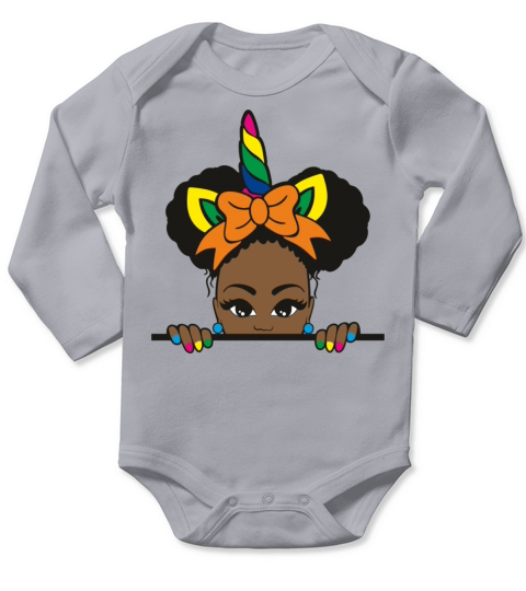 Peeking African American Girl Afro Puffs Unicorn Long Sleeve Baby One-Piece