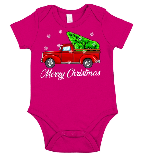 Vintage Wagon Christmas Tree Red Retro Farmer Short Sleeve Baby One-Piece