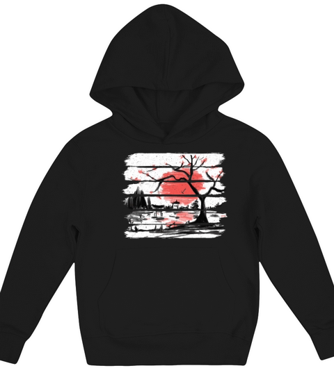 Japan Watercolor Red Sun I Vintage Cherry Tree Kids Hoodie