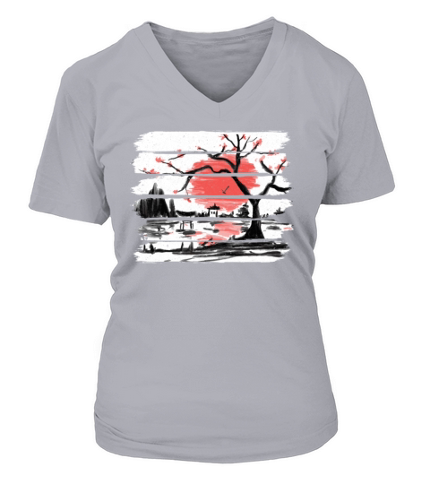 Japan Watercolor Red Sun I Vintage Cherry Tree Women's V-Neck T-shirt