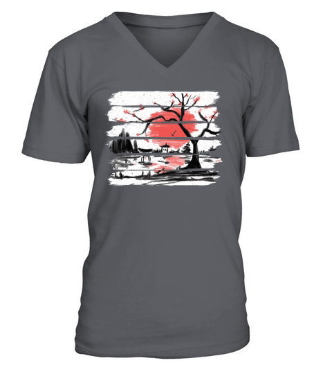Japan Watercolor Red Sun I Vintage Cherry Tree Men's V-Neck T-shirt