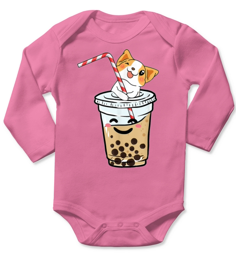 Kawaii Corgi Loves Bubble Tea Funny Bobas Welsh Do Long Sleeve Baby One-Piece