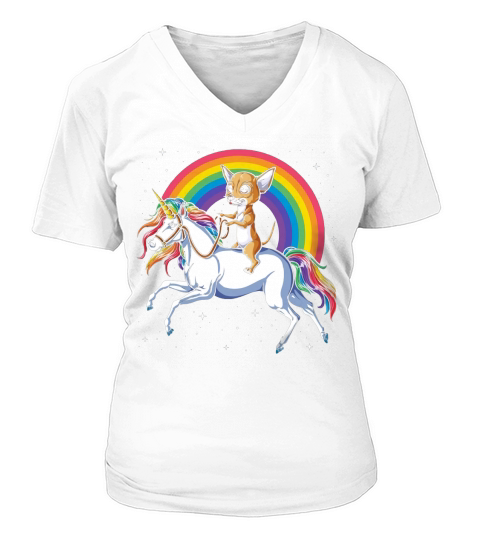Chihuahua Riding Unicorn Funny V-neck T-Shirt Woman