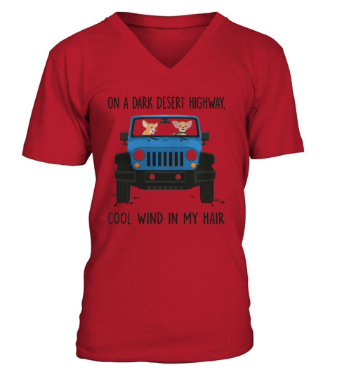Chihuahua On A Dark Desert Highway Blue Jeep V-Neck T-shirt
