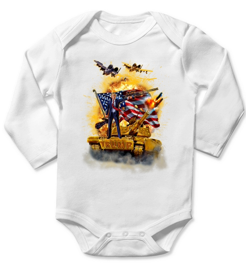 United States President Donald Trump Epic Battle Tank Jet Plane American Flag shirt Long Sleeve Baby One-Piece