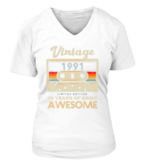 Vintage 1991 Cassette Tape 30 Awesome 30th Birthday Gift V-neck T-Shirt Woman