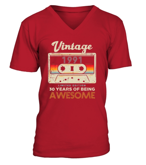 Vintage 1991 Cassette Tape 30 Awesome 30th Birthday Gift V-Neck T-shirt