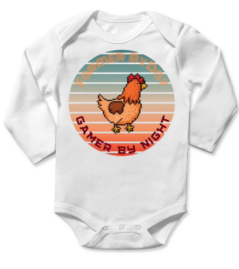 Vintage Farmer by Day Gamer By Night Long Sleeve Baby One-Piece