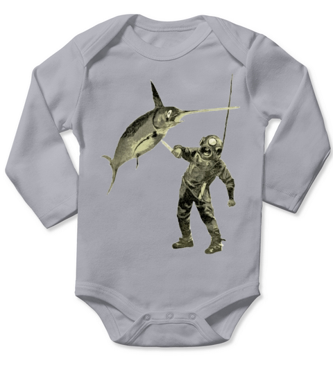 Vintage Diver with Diving Helmet and a Swordfish Long Sleeve Baby One-Piece
