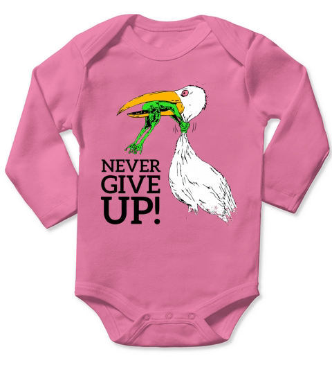 Never give up stork and frog Long Sleeve Baby One-Piece