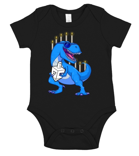 T-Rex Menorah Holding Dreidel Jewish Hanukkahjewis Short Sleeve Baby One-Piece
