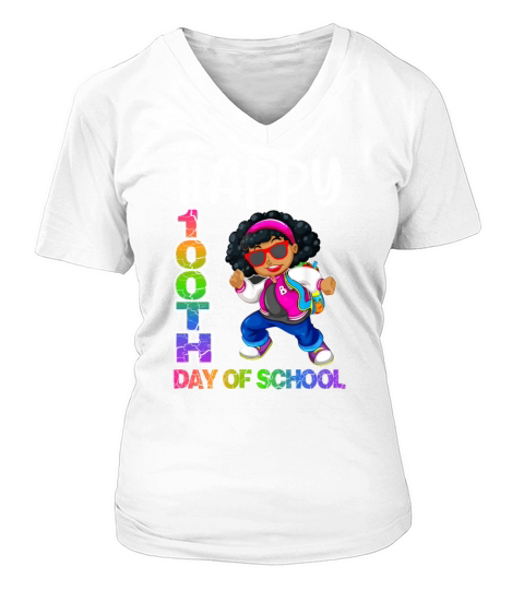 Happy 100th Day of School Cute Black Girl Melanin Women's V-Neck T-shirt