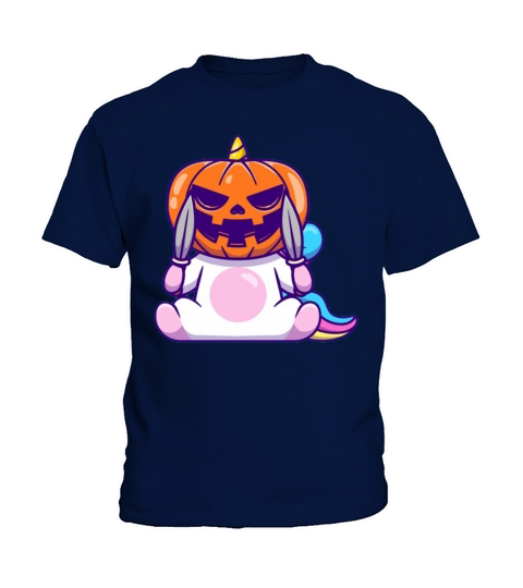 Cute unicorn wearing halloween pumpkin mask Kids T-Shirt