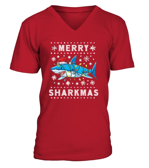 Merry Sharkmas Shark Santa Ugly Christmas Lights B Men's V-Neck T-shirt