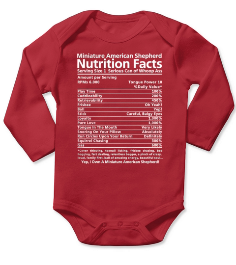 Miniature American Shepherd Shirt  Funny Nutrition Facts Long Sleeve Baby One-Piece