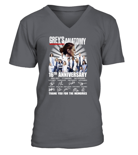 Greys Anatomy 16th Anniversary 2005 2021 17 Seasons 365 Episodes Thank You For The Memories Signatures V-Neck T-shirt