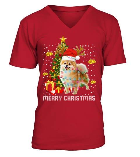 Pomeranian Christmas Lights Tree Santa Xmas Pajama Men's V-Neck T-shirt