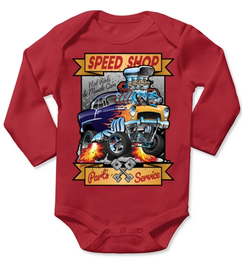 Speed Shop Hot Rod Muscle Car Cartoon Illustration Long Sleeve Baby One-Piece
