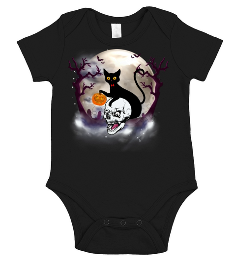 Cat with moon Silhouette Halloween T Shirt Pumpkin Short Sleeve Baby One-Piece