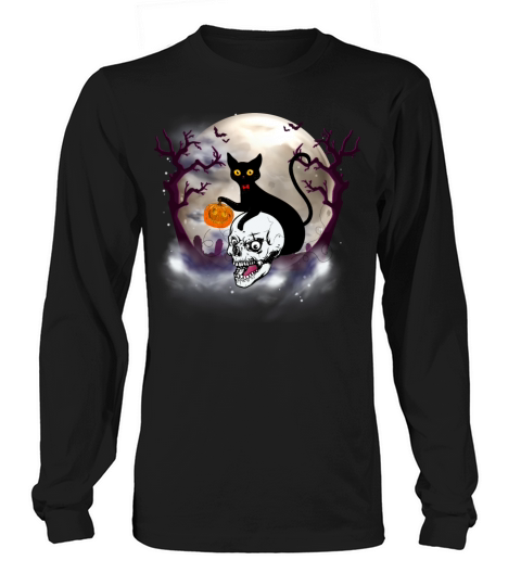 Cat with moon Silhouette Halloween T Shirt Pumpkin Women's Long Sleeve