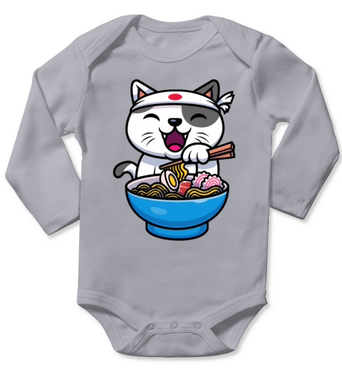 Kawaii Anime Cat Eating Ramen Noodles Japanese Long Sleeve Baby One-Piece
