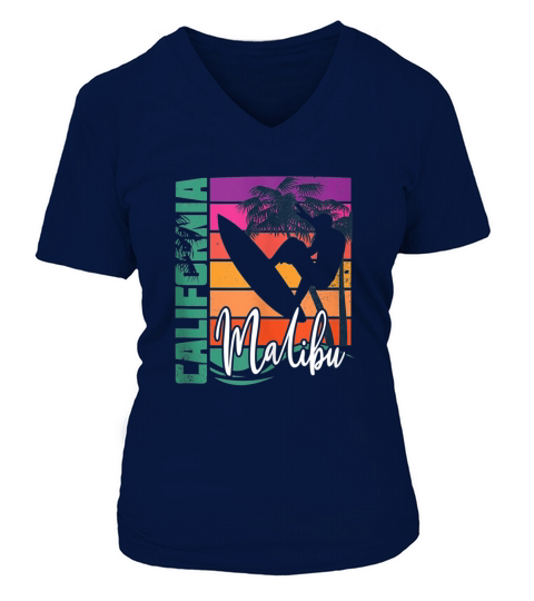 Retro Malibu California Beach Sun Surfing Souvenir V-neck T-Shirt Woman