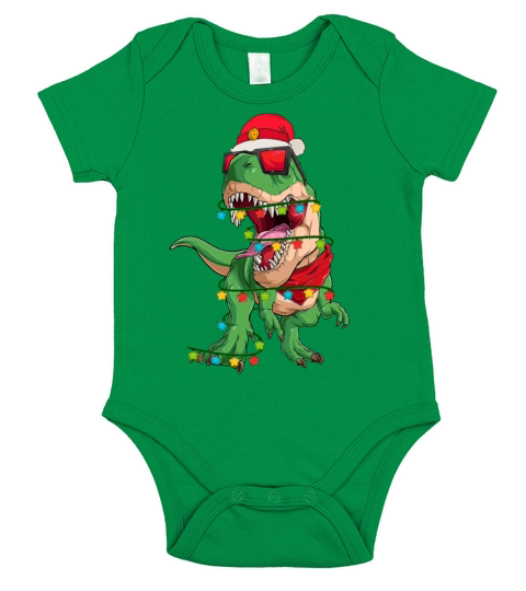 Trex Dinosaur Christmas Light Around And Santa Hat Short Sleeve Baby One-Piece
