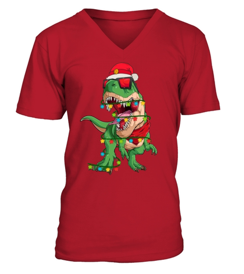 Trex Dinosaur Christmas Light Around And Santa Hat Men's V-Neck T-shirt