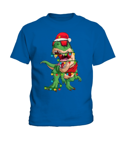 Trex Dinosaur Christmas Light Around And Santa Hat Kids T-Shirt