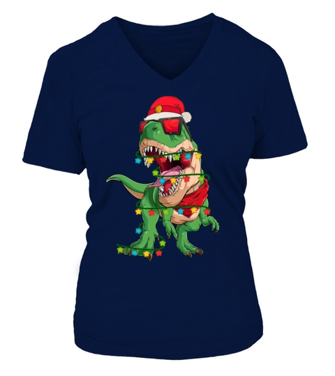 Trex Dinosaur Christmas Light Around And Santa Hat Women's V-Neck T-shirt