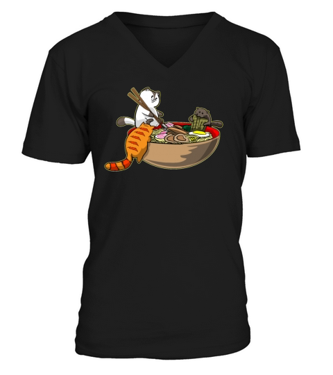 Funny Kawaii Japanese Anime Cats Eating Ramen Men's V-Neck T-shirt