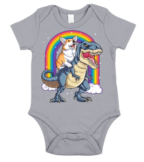 Corgi Riding Dinosaur T rex Shirt Funny Rainbow Short Sleeve Baby One-Piece