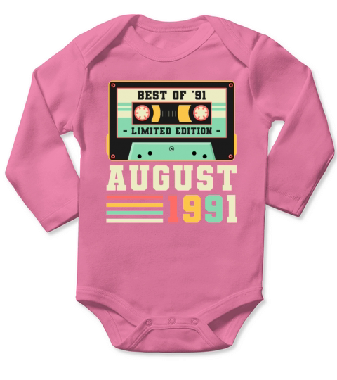 30th Birthday August Gift Vintage 1991 30 Years Long Sleeve Baby One-Piece