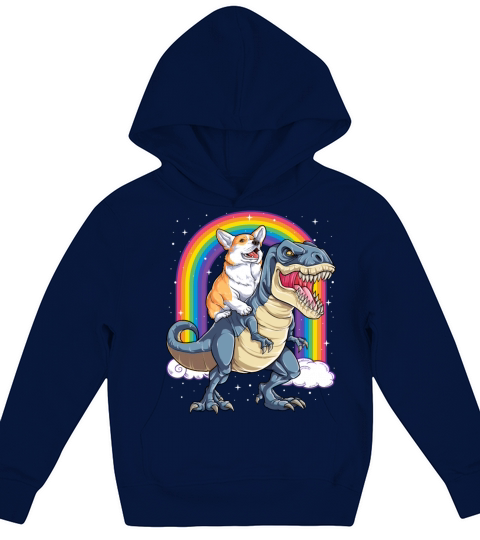 Corgi Riding Dinosaur T rex Shirt Funny Rainbow Kids Hoodie