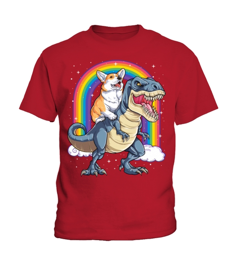 Corgi Riding Dinosaur T rex Shirt Funny Rainbow Kids T-Shirt