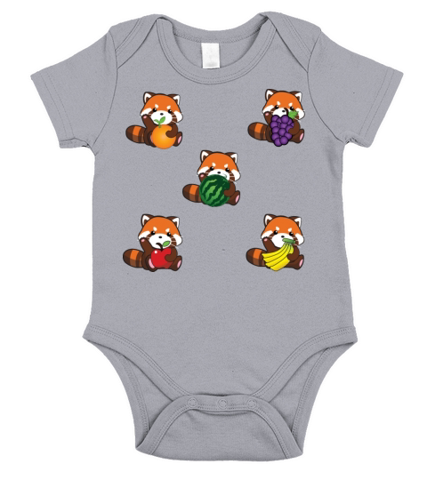 Little cute red panda with fruits - apple grape Short Sleeve Baby One-Piece
